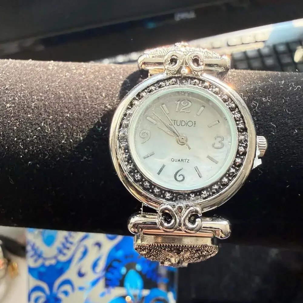 Studio Time Women's Silver-Tone Marcasite Mother of Pearl Dial Quartz Watch